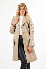 Damen Lederkurzmantel Lammnappa beige mit Finnraccoon Kragen Echtpelz und Gürtel