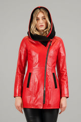 Damen Lederjacke tailliert in Lammnappa Rot/schwarz mit Kapuze gestrickt