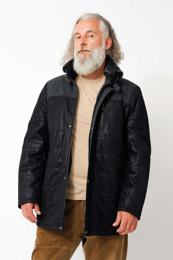 Exklusive Herren Long-Lederjacke Blau mit Lammfellkragen abtrennbar in Lammnappa 