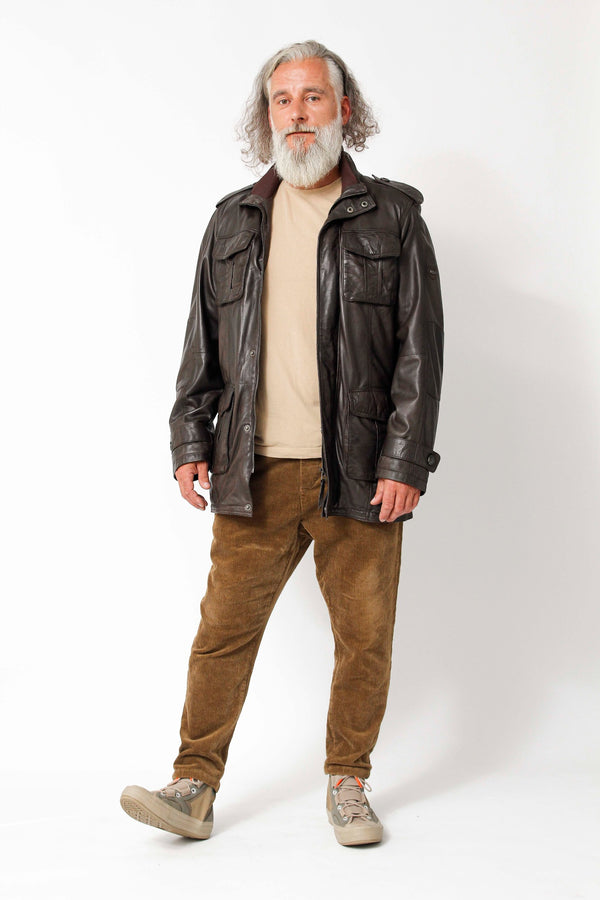 Langer Herren Lederparka aus Lammnappa in Braun und vielen Taschen