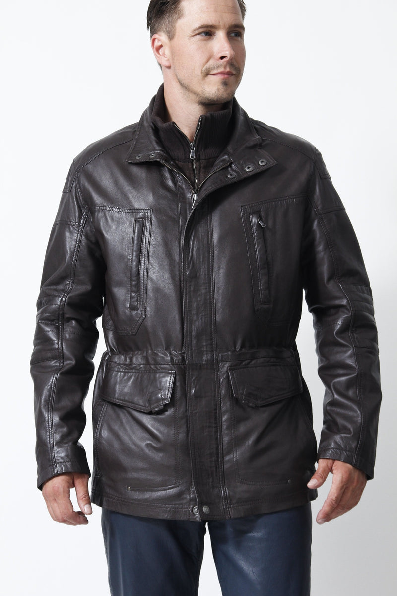 längerer Herren Lederparka aus weichem Lammnappa Braun wattiert mit doppelkragen