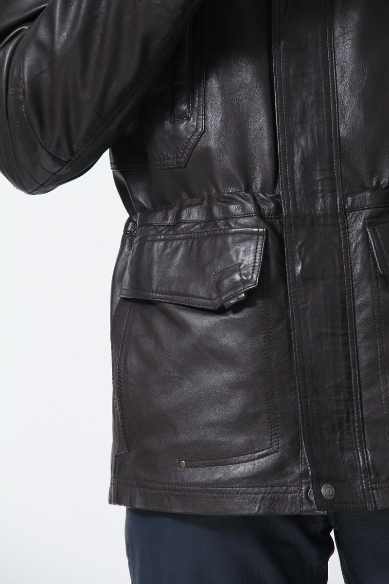 sportlicher Herren Lederparka aus top Lammnappa in Braun wattiert