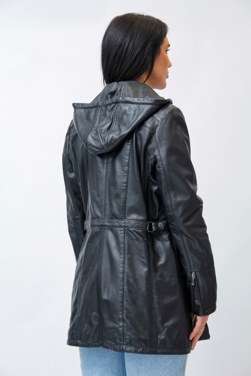 Leichte lange Damen Lederjacke mit Kapuze in echtem Lammnappa schwarz