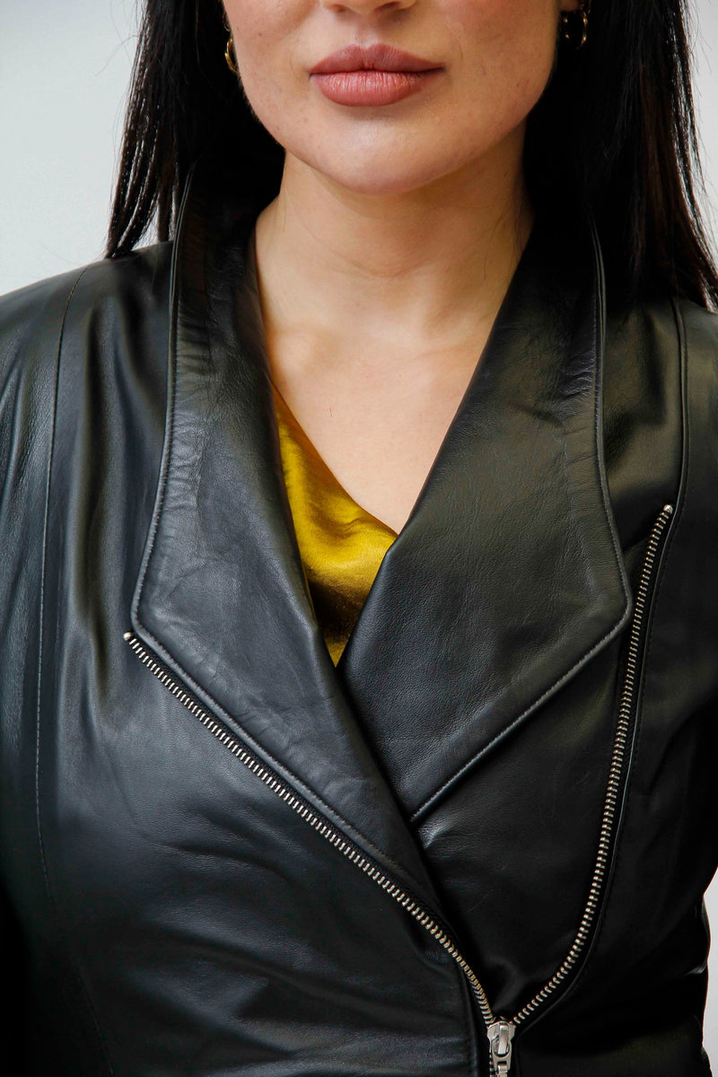 lange Damen Lederjacke schwarz aus echtem Lammnappa in taillierter Passform