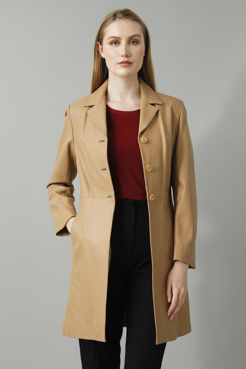  Damen Leder Geh-Rock aus Lammnappa in Honig mit Reverskragen 