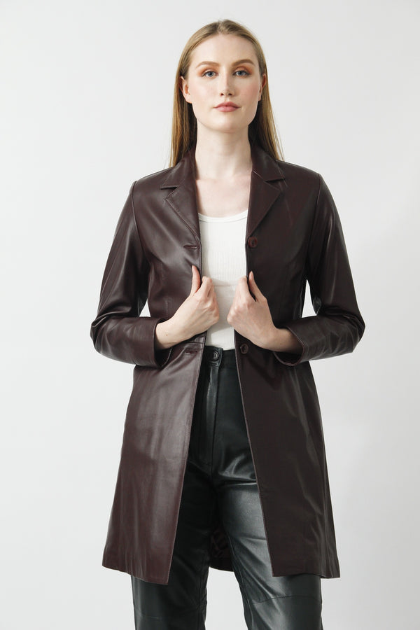  Damen Leder Geh-Rock aus Lammnappa in Oxblood mit Reverskragen