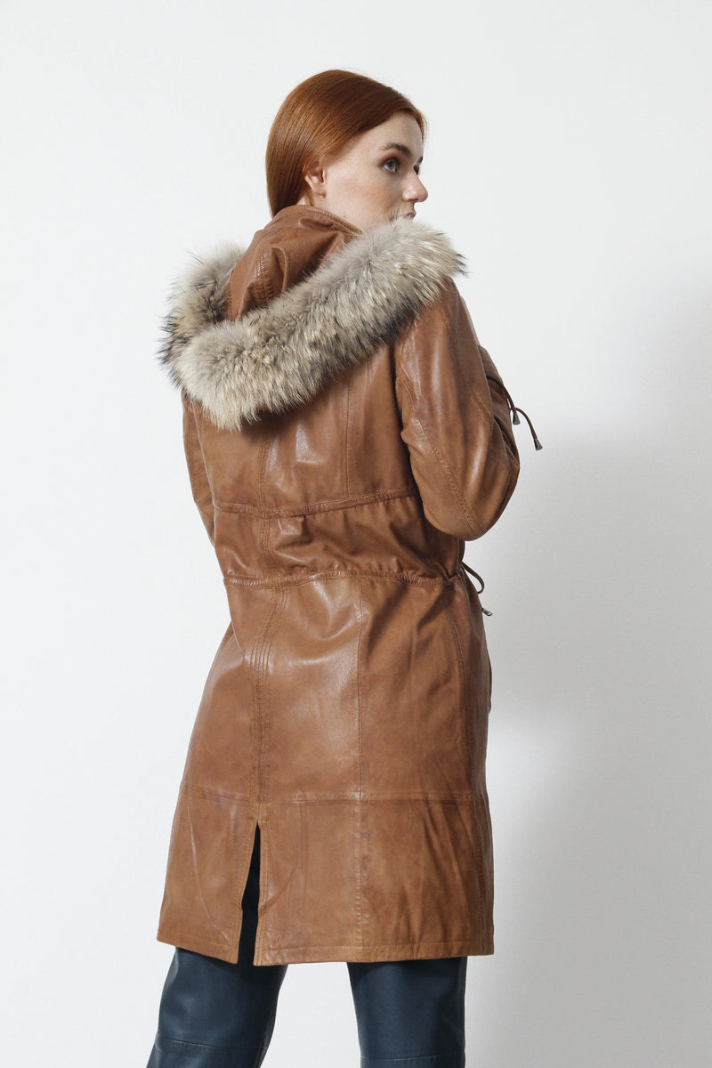 Damen Lederparka Lammnappa cognac mit abnehmbarer Kapuze und echten rotfuchsbesatz