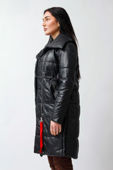 Langer gesteppter Damen Lederparka aus Lammnappa schwarz für den Winter