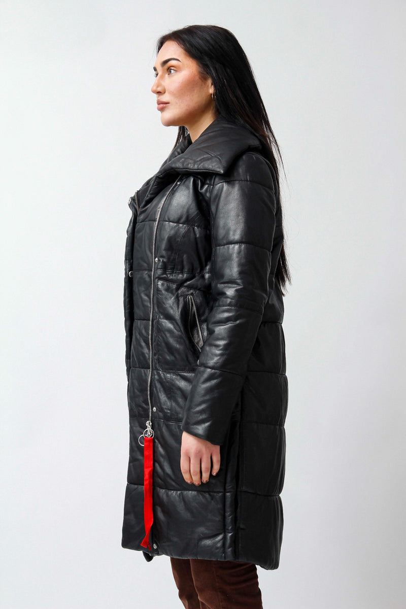 Langer gesteppter Damen Lederparka aus Lammnappa schwarz für den Winter