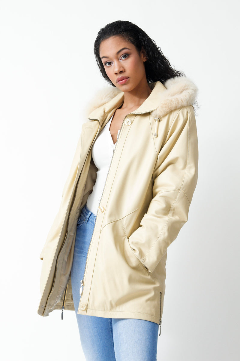 Langer Damen Lederparka Lammnappa-vanille mit abnehmbarer Kapuze mit Blaufuchs