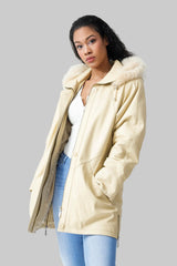 Langer echter Damen Lederparka lederjacke Lammnappa-vanille mit abnehmbarer Kapuze mit Blaufuchs