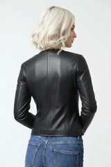 Ausgefallener Damen Bolero mit Flechteinsätzen in Lammnappa schwarz Leder Schmidt