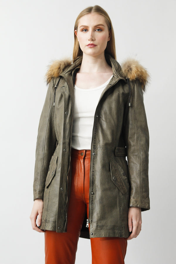 Langer Damen Lederparka Lammnappa Khaki vintage mit Finnraccoon Kapuze 