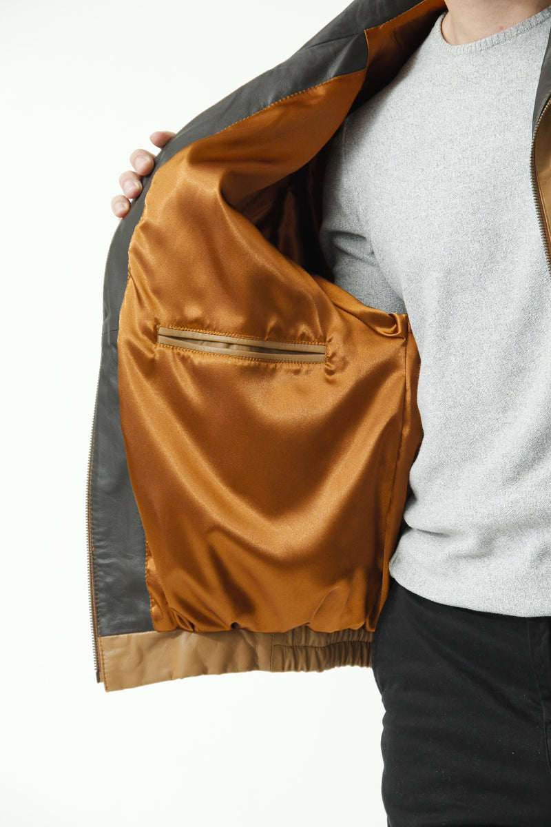Herren Lederblouson aus Lammnappa in Cognac mit Stehkragen und Farbkontrast