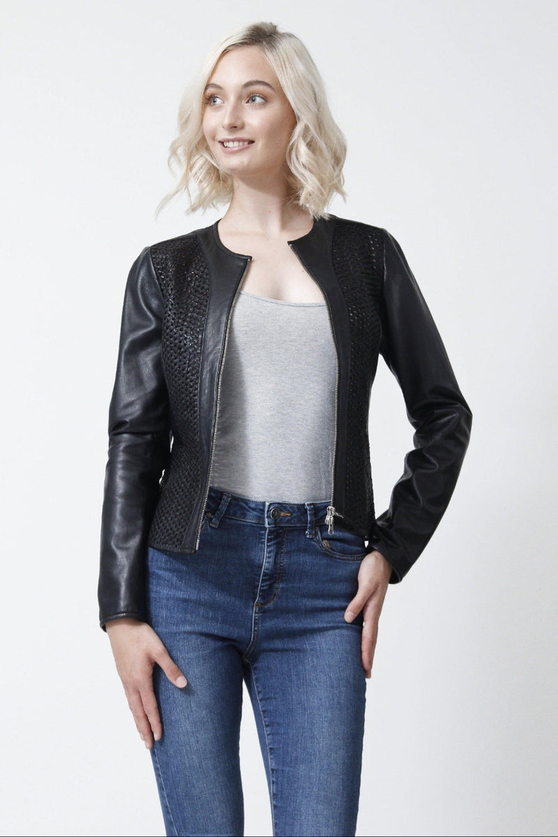 Ausgefallener Damen Bolero mit Flechteinsätzen in Lammnappa schwarz Leder Schmidt 