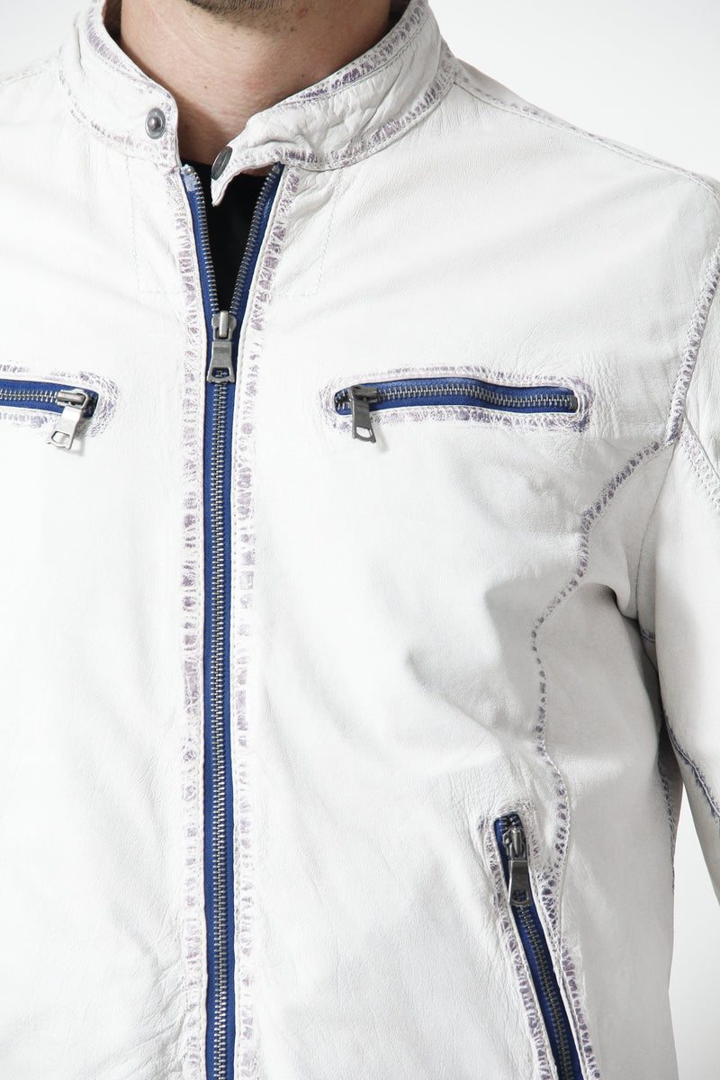 Herren Leder Jacke Lammnappa in Offwhite Blau mit Stehkragen hochschließbar