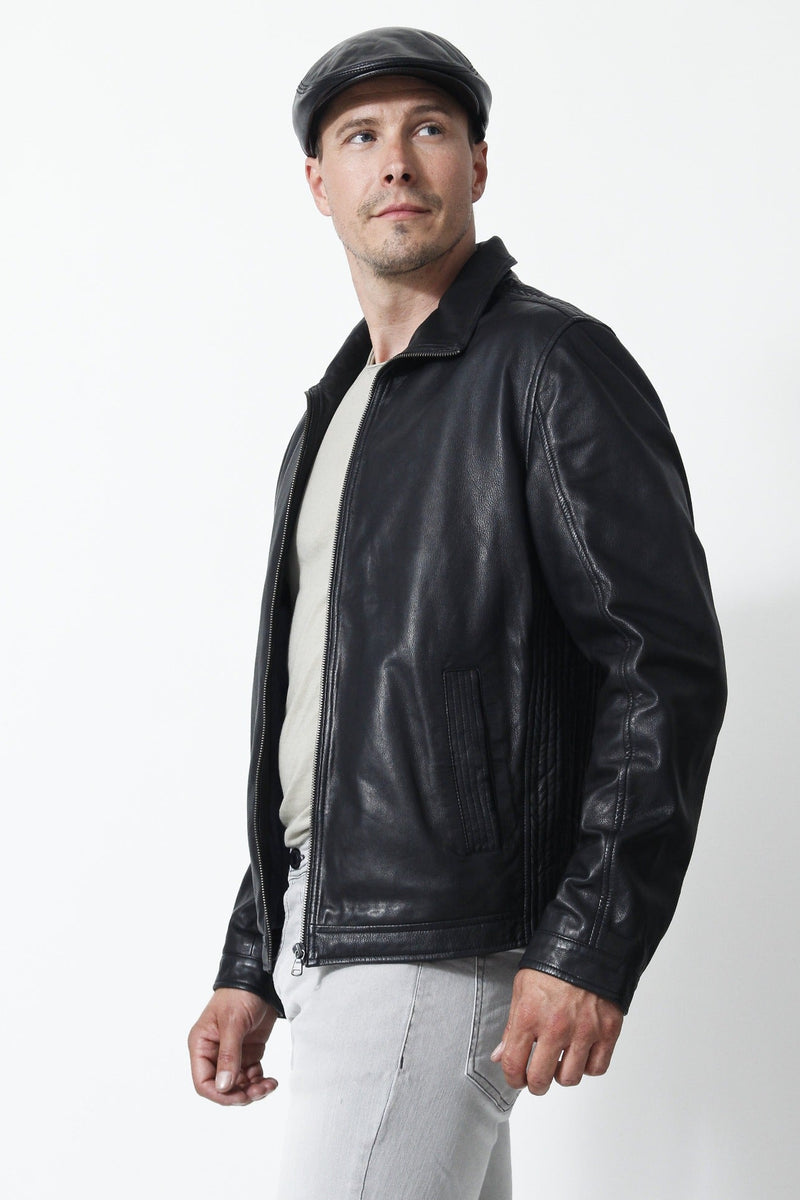 Schlichte Herren Lederjacke in Schwarz Lammnappa mit zwei Eingriffstaschen