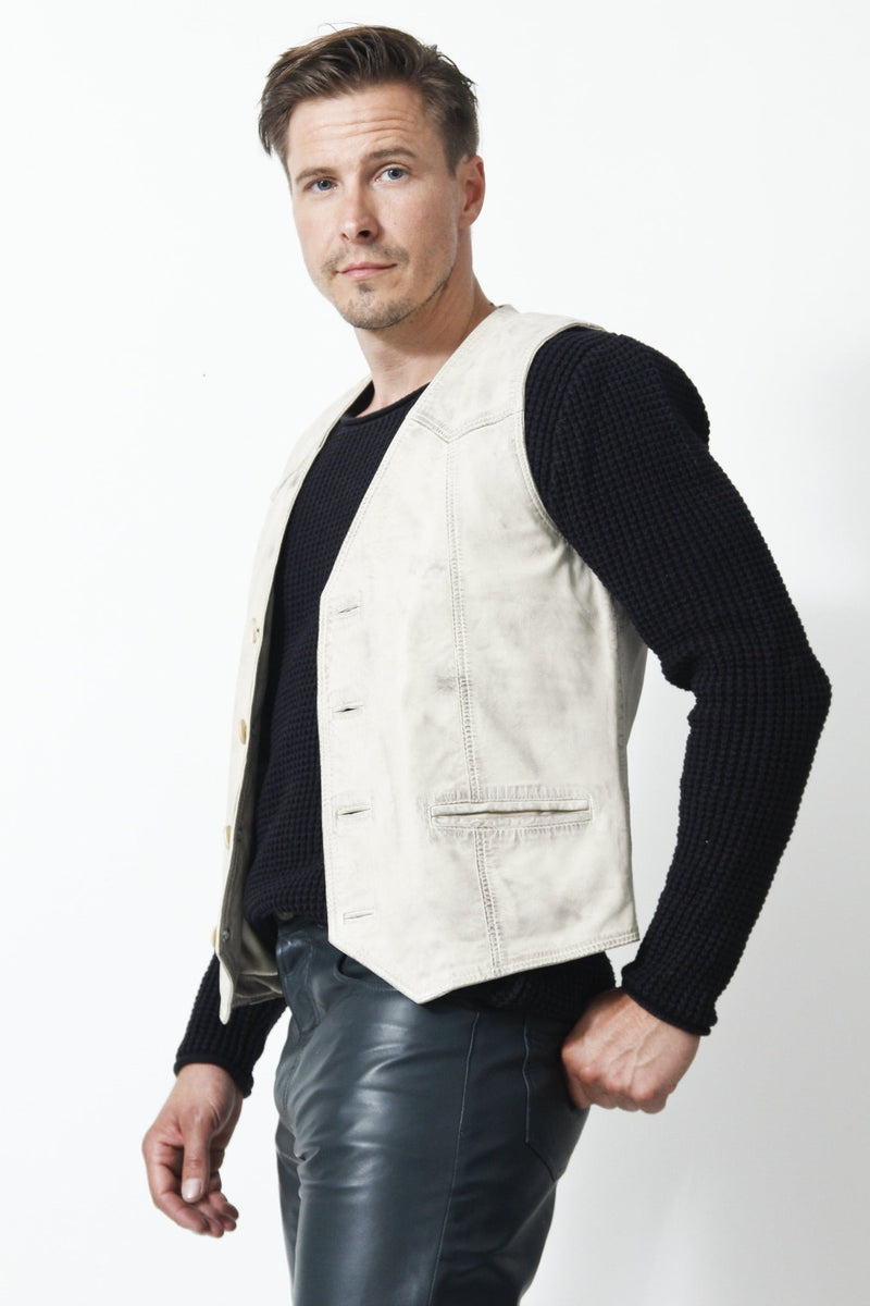 Herren Style Lederweste in Lammnappa Vintage Look offwhite, 