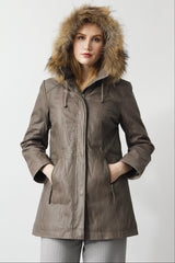 Leichter Damen Lederparka in anthrazit mit Kapuze abnehmbar und Taillierte Passform