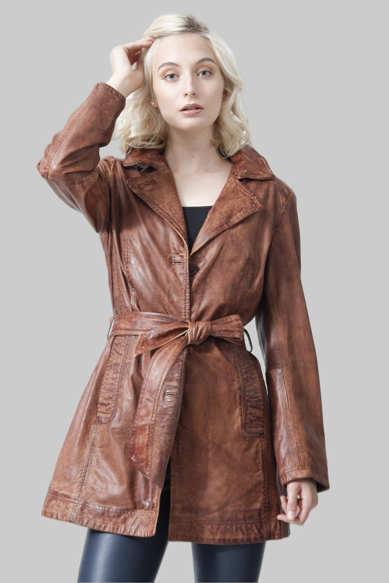 Brauner Damen Ledermantel in Vintage-Look hochschließbar