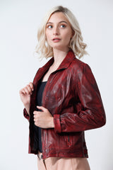 Kurze Damen Lederjacke Lammnappa tailliert in rot vintage Look antik
