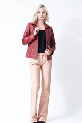 Taillierte echte Damen Lederjacke mit Reißverschluss in Lammnappa rot vintage ungefüttert
