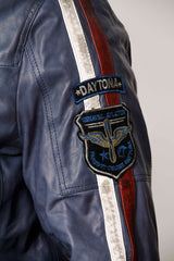 Herren Lammnappalederjacke Daytona Blau mit Kontraststreifen weiss rot und Stehkragen