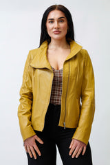 Kurze echte Damen Lammnappa Lederjacke Senf Gelb tailliert mit asymmetrischen Reißverschluss