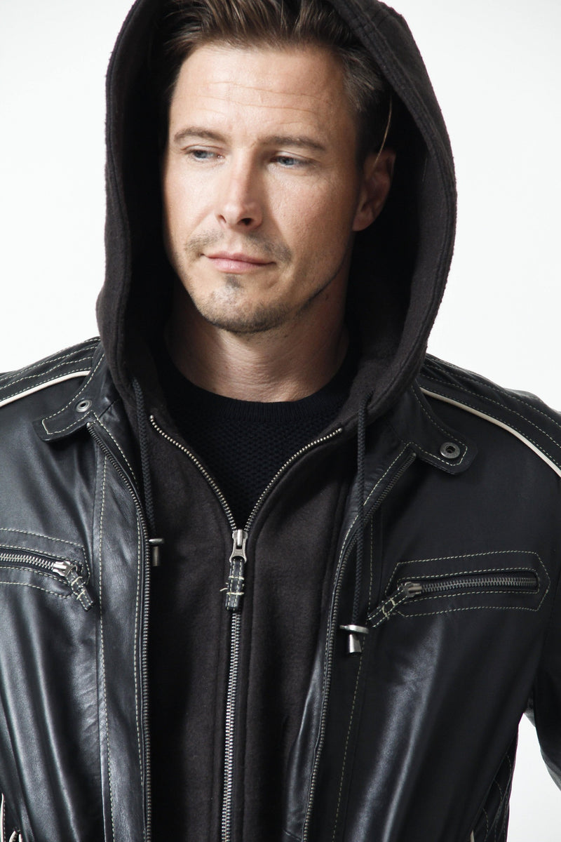 Herren-Lederjacke kurz mit Kapuze Lammnappa schwarz 