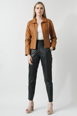 Kurze echte taillierte Damen Lederjacke in Lammnappa cognac mit Frontreißverschluss
