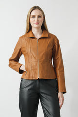 Kurze taillierte echte Damen Lederjacke in Lammnappa cognac mit Frontreißverschluss 