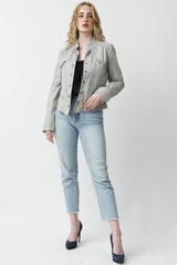 Kurze echte Damen Lederjacke aus Lammnappa in Ice Blue mit Stehkragen