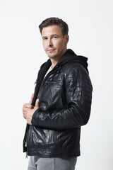 Coole Herren Biker Lederjacke schwarz Lammnappa mit Kapuze und Steppnähte