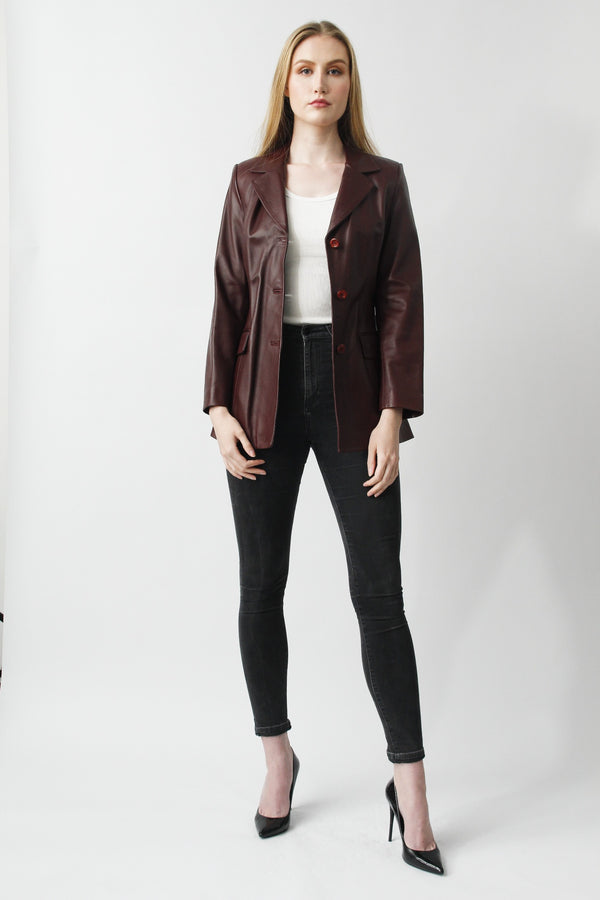 Eleganter Damen Lederblazer aus weichem Lammnappa tailliert in Bordo