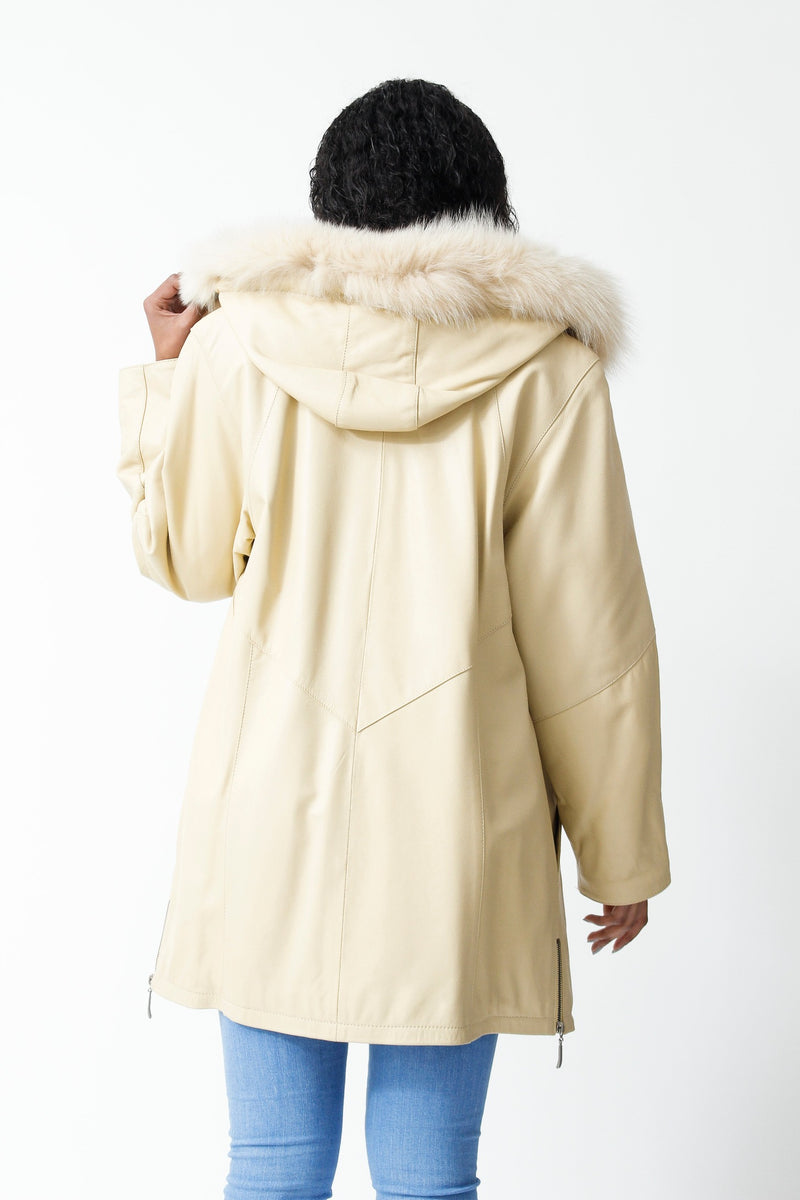 Langer Damen Lederparka Lammnappa-vanille mit abnehmbarer Kapuze mit Blaufuchs