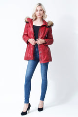 Damen Lederparka Lammnappa Rot Vintage Look mit Kapuze und Finnraccoonbesatz