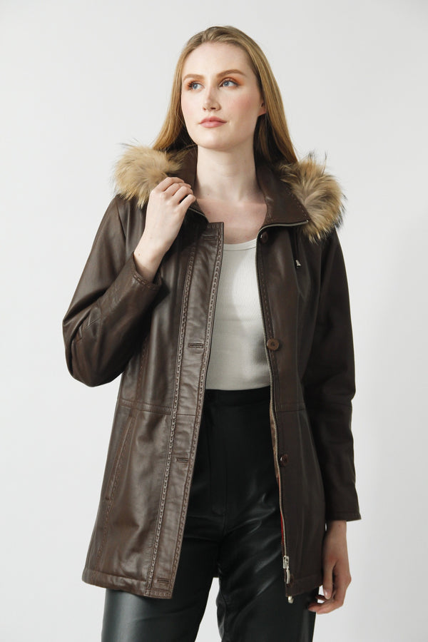 leichter Damen Lederparka mit Kapuze und Echtpelz Verbrämung Lammnappa braun