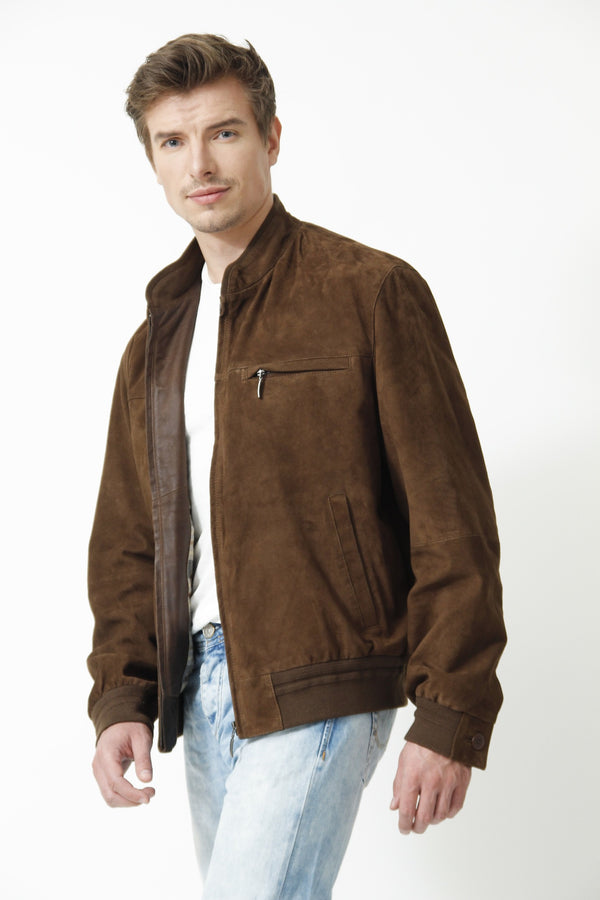Herren Lederblouson aus Ziegenverlour in Braun mit Strickbündchen und Brusttasche