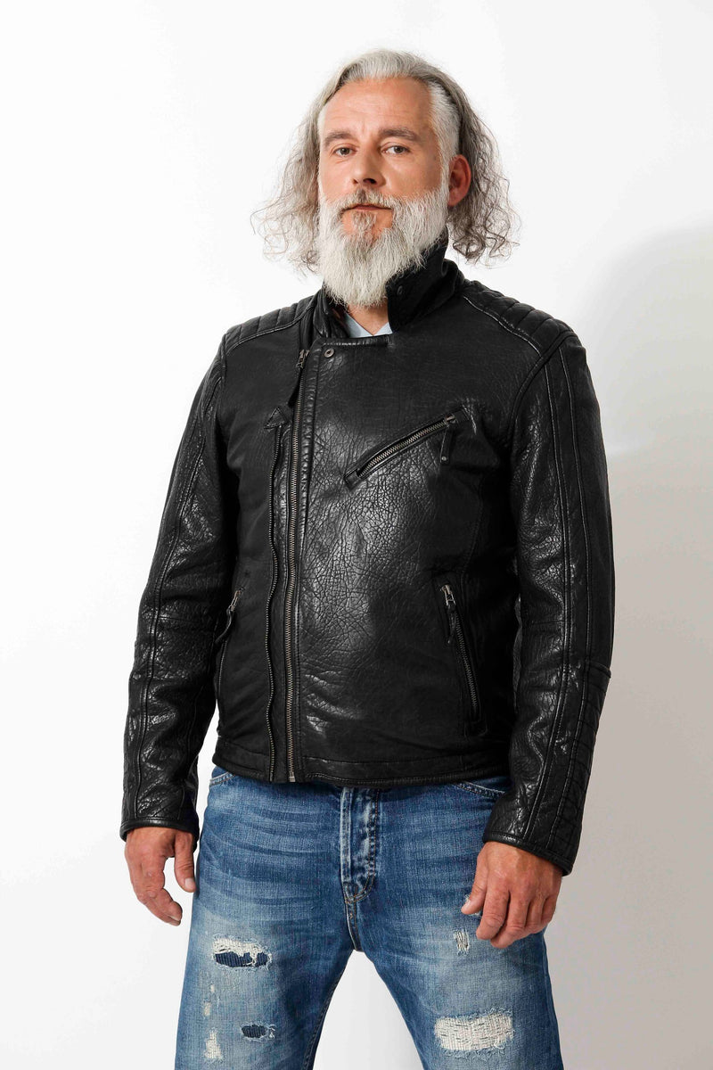 Kurze Herren Bikerlederjacke aus New Zealand Lammnappa schwarz Bubble Effekt
