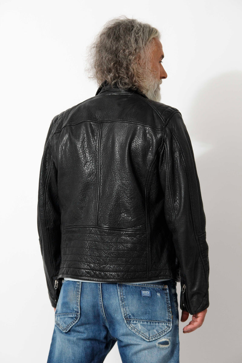Kurze Herren Bikerlederjacke aus New Zealand Lammnappa schwarz Bubble Effekt