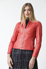 Kurze raffinierte taillierte echte Damen Lederjacke in Lammnappa rot mit Stehkragen