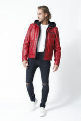trendige Herren Lederjacke in rot aus Lammnappa mit Kapuze