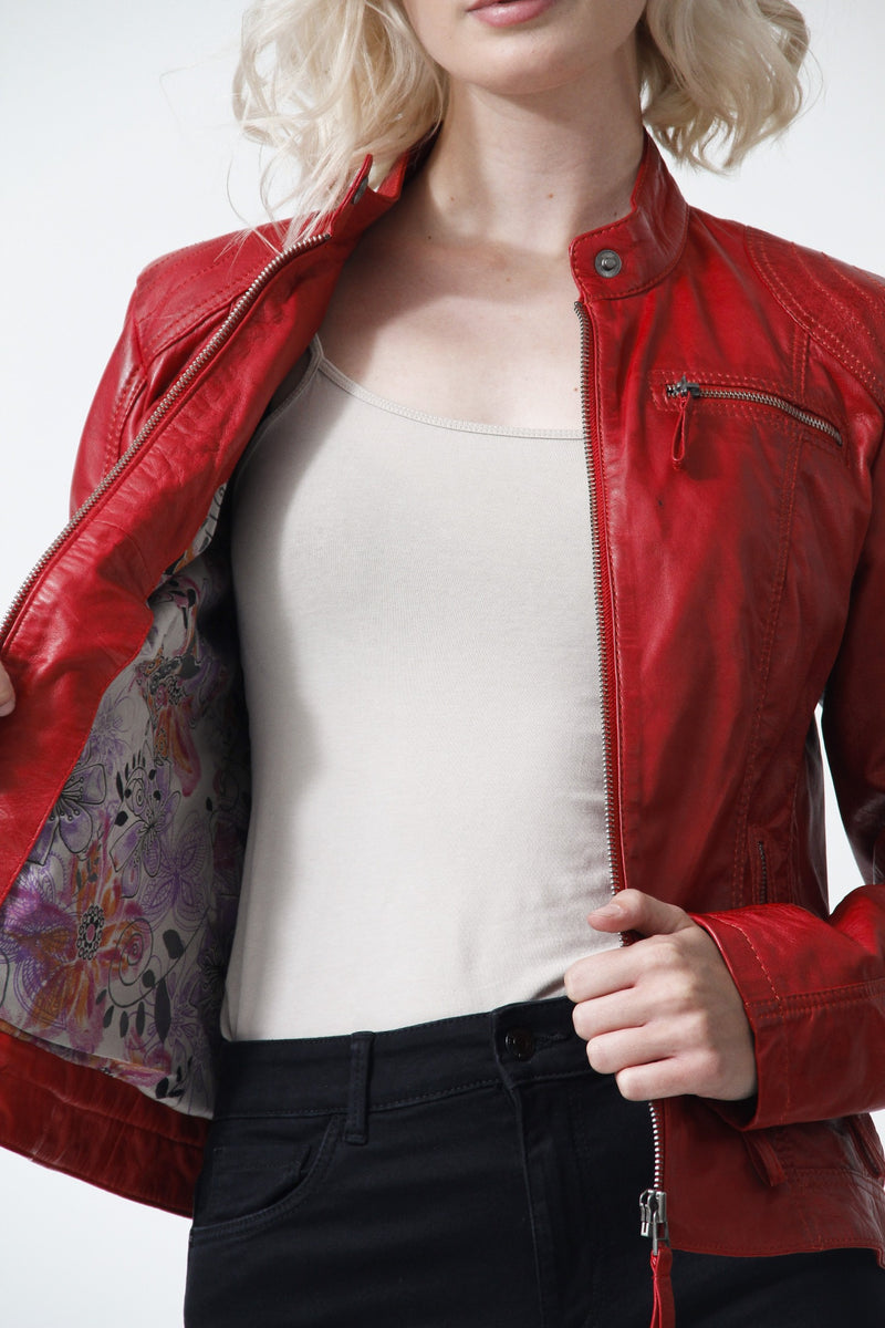 Kurze Damen Lederjacke mit Reißverschluss Stehkragen tailliert in Lammnappa rot