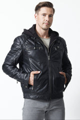 Coole Herren Biker Lederjacke schwarz Lammnappa mit Kapuze und Steppnähte