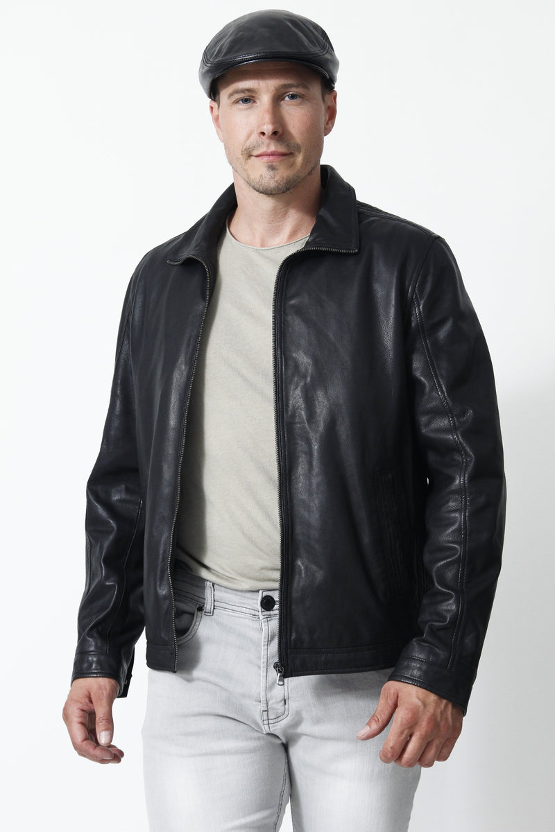 Schlichte Herren Lederjacke in Schwarz Lammnappa mit zwei Eingriffstaschen