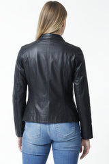 Kurze raffinierte taillierte Damen Lederjacke in Lammnappa schwarz mit Stehkragen