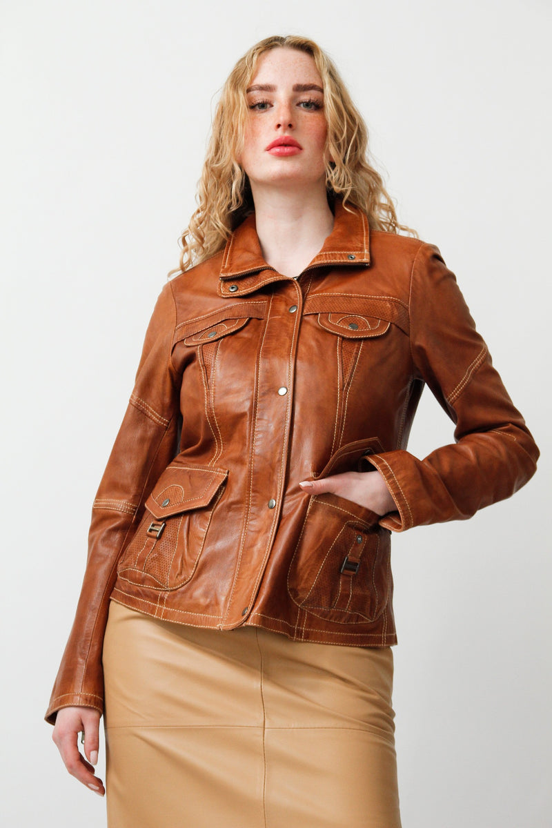 kurze taillierte Damen Lederjacke sportlich aus Lammnappa in Texas Braun