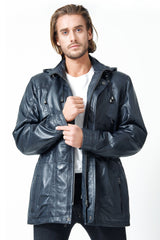 Herren Lederparka in Navy Blue aus echtem Lammnappa mit Kapuze