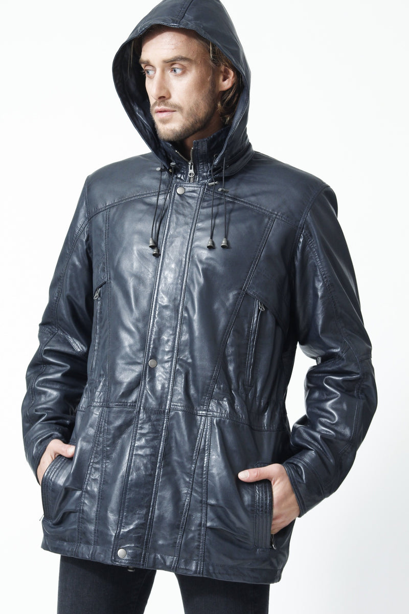 Herren Lederparka Blau aus Lammnappa mit abtrennbare Kapuze