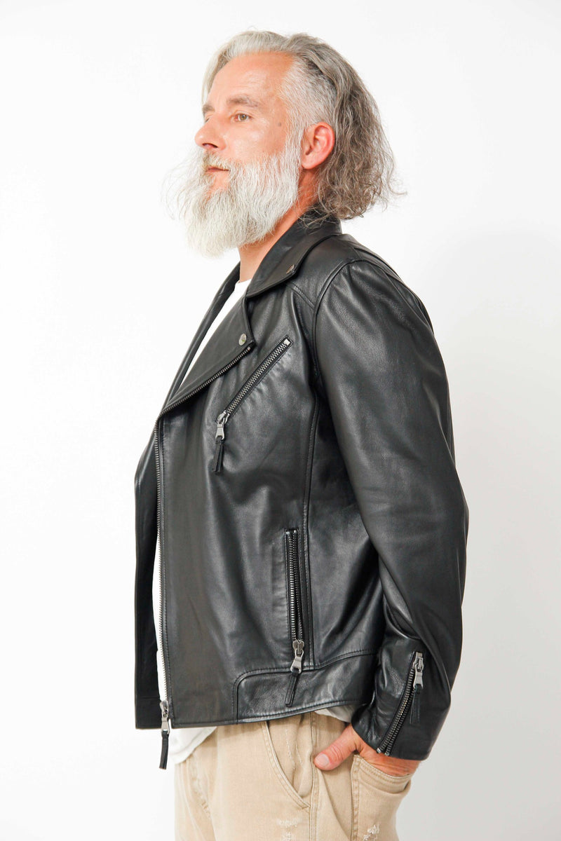 Kurze Herren Bikerstyle Lammnappalederjacke schwarz feinste Qualität mit Asymmetrischen Reißverschluss